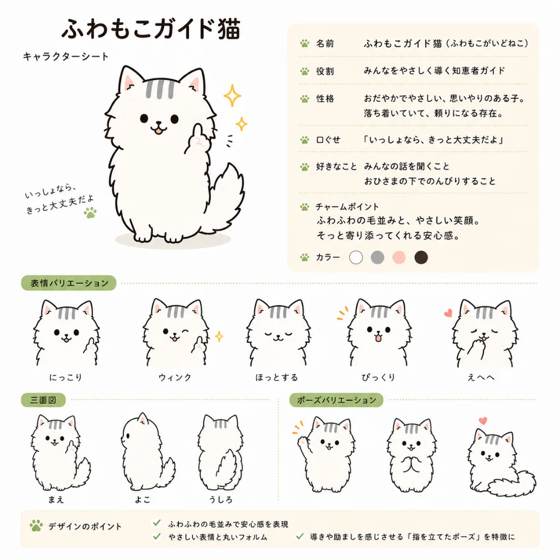 ふわもこガイド猫のキャラクターシート。白いふわふわの猫が指を立てて案内している。表情・三面図・ポーズのバリエーション付き