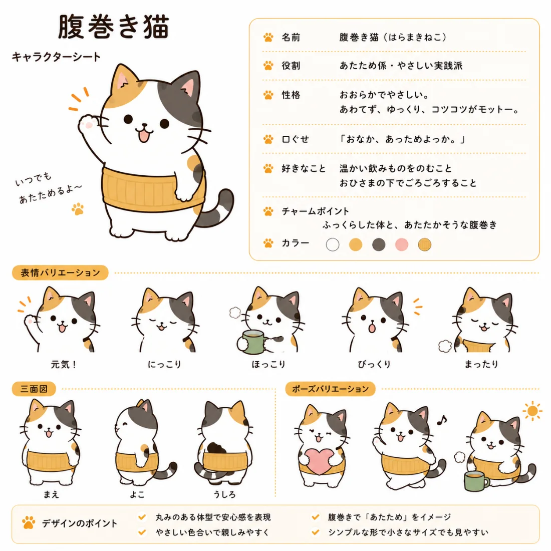 腹巻き猫のキャラクターシート。白い三毛猫が黄色い腹巻きを巻いている。表情・三面図・ポーズのバリエーション付き