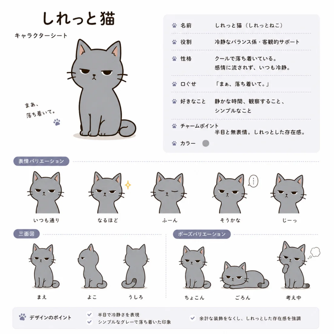 しれっと猫のキャラクターシート。グレーの猫が半目で座っている。表情・三面図・ポーズのバリエーション付き