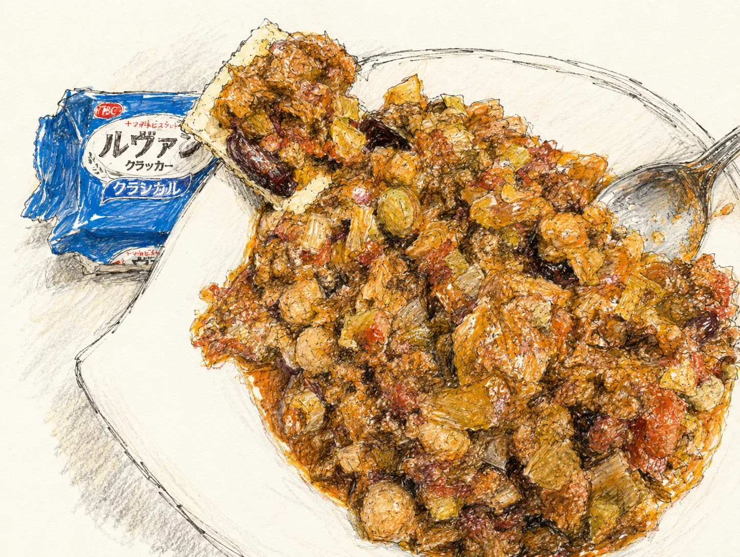 チリコンカンの水彩イラスト。ミックスビーンズがたっぷり入り、クラッカーにのせて食べるところ
