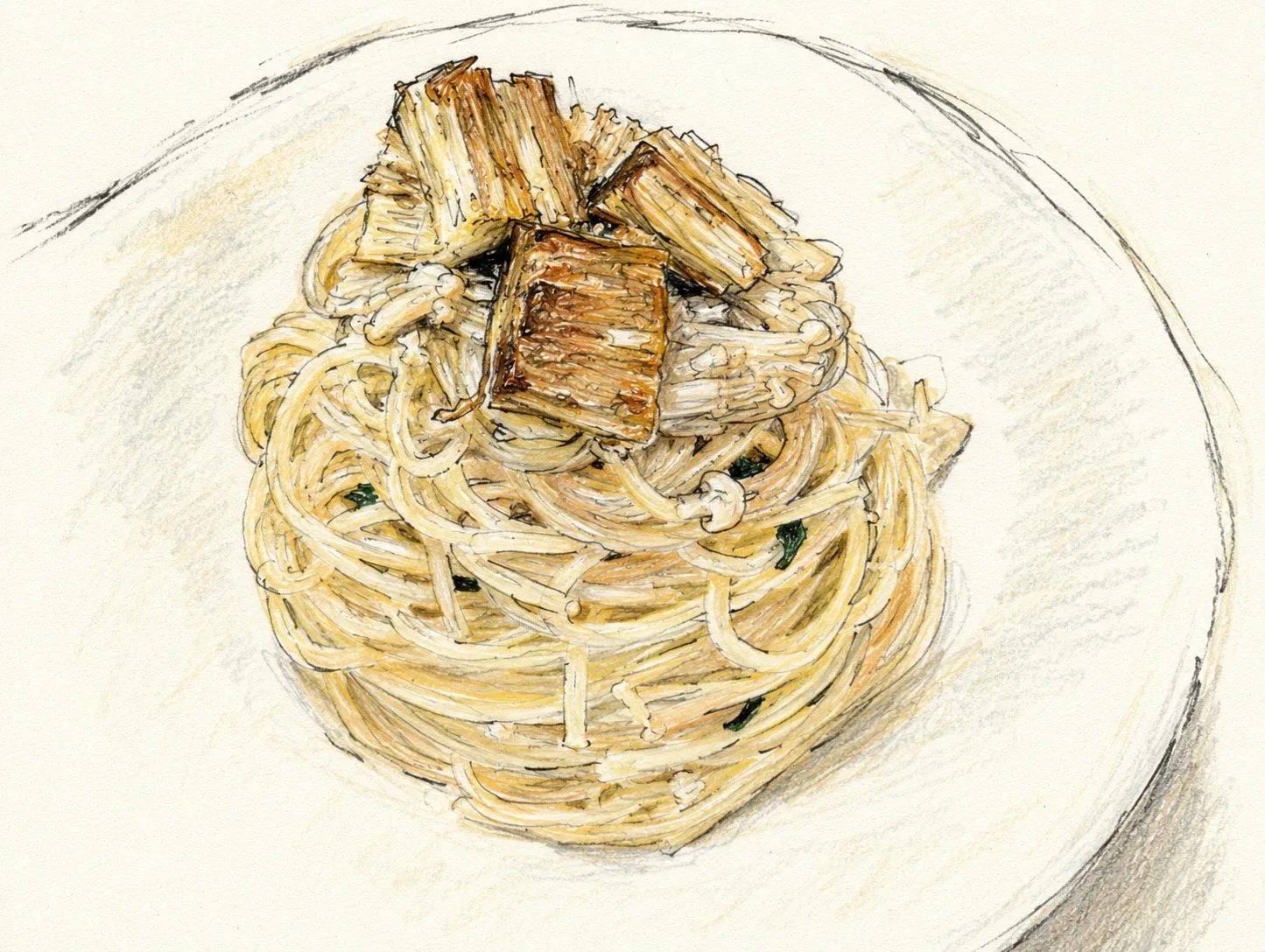えのきのガーリックバターパスタの水彩イラスト。焼いたえのきの束をパスタにのせている
