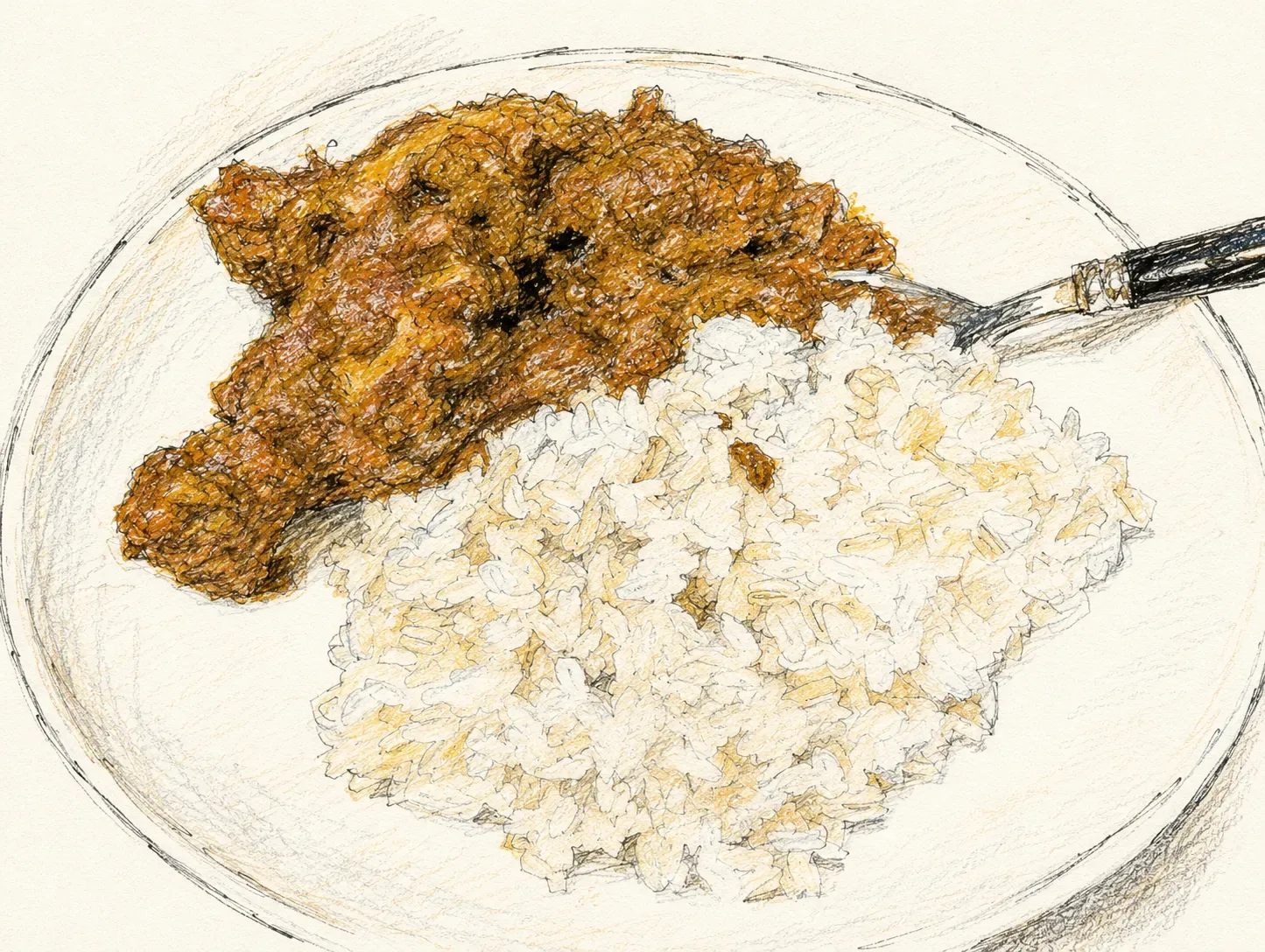 インドカレーの水彩イラスト。飴色に炒めたたまねぎのカレーをごはんに添えている