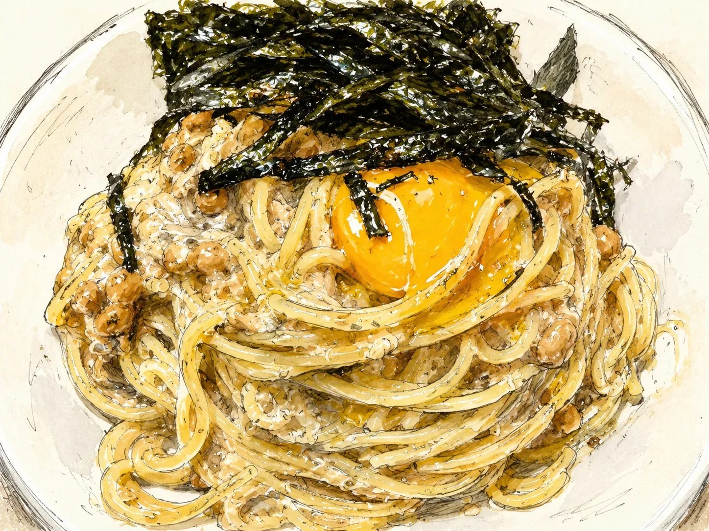 納豆パスタの水彩イラスト。きざみ海苔と卵黄をのせた別バージョン