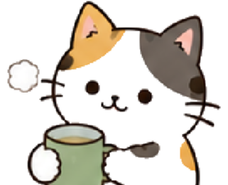 温かい飲みものを持つ腹巻き猫